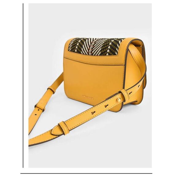 Charles & Keith Faux Leather  Woven Fabric Crossbody Mustard Yellow Small Purse - Picture 6 of 15